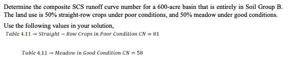 Determine the composite SCS runoff curve number for a 600-acre basin that is entirely in Soil Group B.
The land use is 50% straight-row crops under poor conditions, and 50% meadow under good conditions.
Use the following values in your solution,
Table 4.11 → Straight - Row Crops in Poor Condition CN = 81
Table 4.11 → Meadow in Good Condition CN = 58