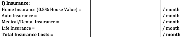 f) Insurance:
Home Insurance (0.5% House Value) =
Auto Insurance =
Medical/Dental Insurance =
Life Insurance =
Total Insurance Costs =
/month
/ month
/month
/ month
/month