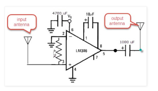 4700 uF,
Vs
10F
input
antenna
output
antenna
6
1000 uF
LM386
5,
