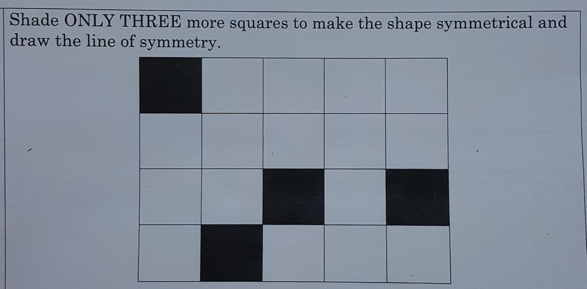 Shade ONLY THREE more squares to make the shape symmetrical and
draw the line of symmetry.
