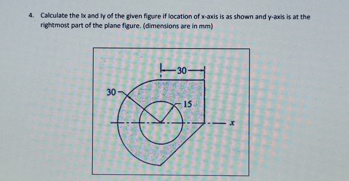 4. Calculate the Ix and ly of the given figure if location of x-axis is as shown and y-axis is at the
rightmost part of the plane figure. (dimensions are in mm)
30
30
15
