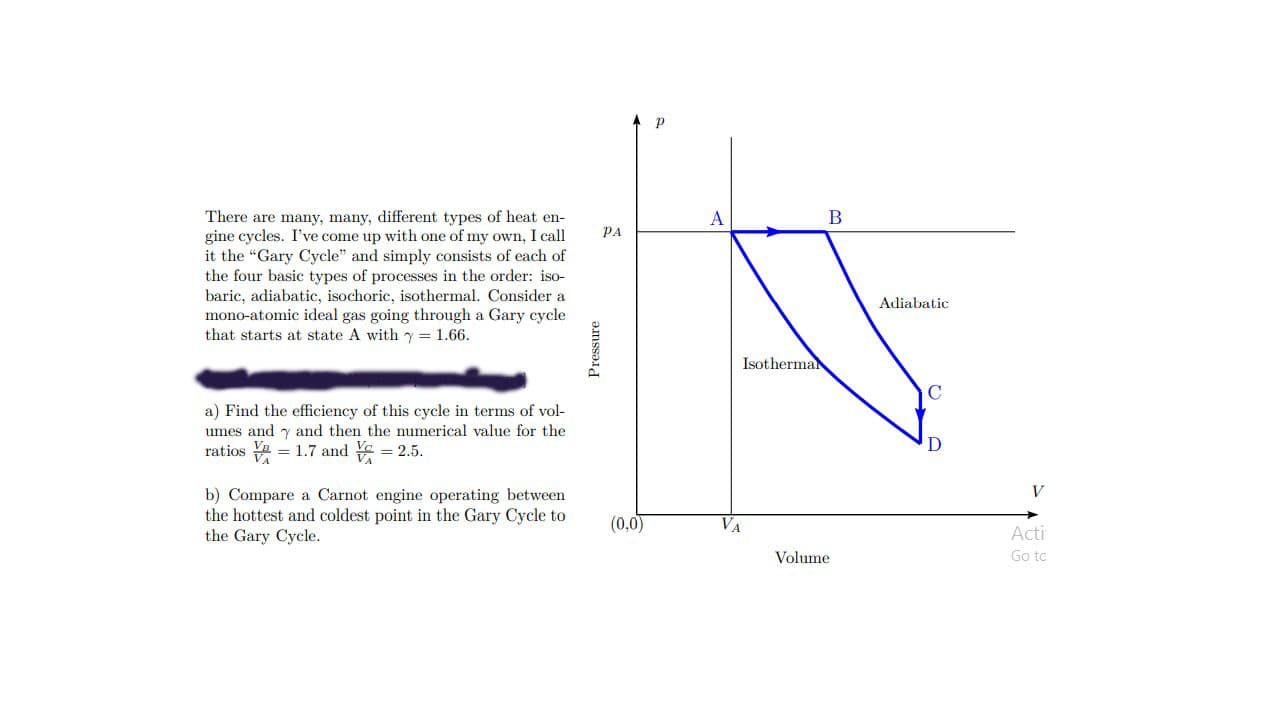 the four basic types of processes in the order: iso-
baric, adiabatic, isochoric, isothermal. Consider a
mono-atomic ideal gas going through a Gary cycle
that starts at state A with y= 1.66.
a) Find the efficiency of this cycle in terms of vol-
umes and y and then the numerical value for the
ratios = 1.7 and = 2.5.
b) Compare a Carnot engine operating between
the hottest and coldest point in the Gary Cycle to
the Gary Cycle.
Pressure
