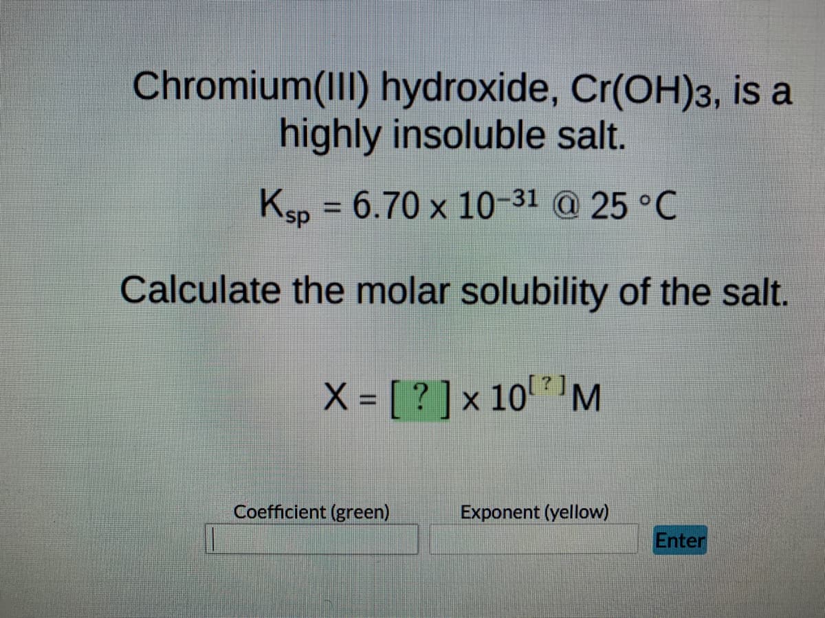 Chromium(III) hydroxide, Cr(OH)3, is a
highly insoluble salt.
Ksp = 6.70 x 10-31 @ 25 °C
Calculate the molar solubility of the salt.
X = [? ] × 10¹M
Exponent (yellow)
Coefficient (green)
Enter