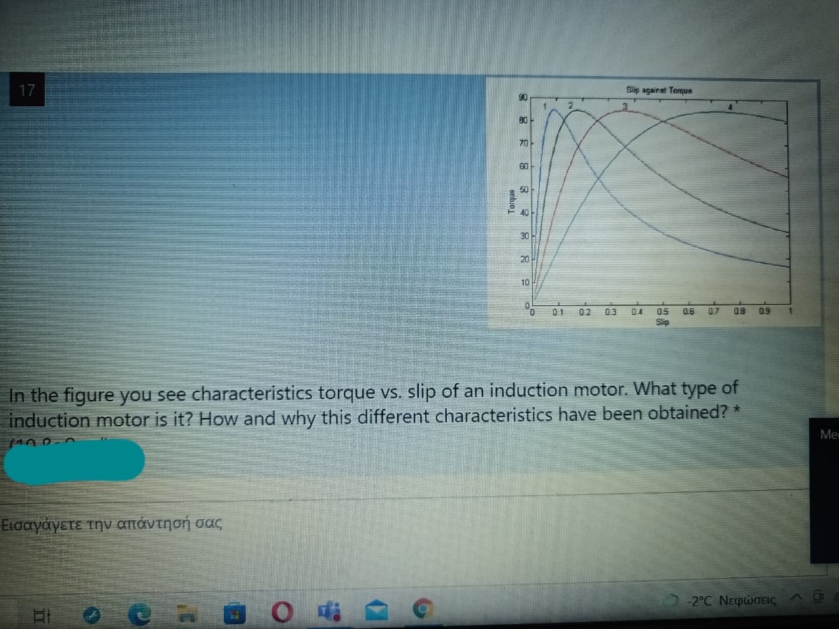 17
Slip against Torque
90
70
60
50
40
30
20
10
01
0.2
0.3
0.4 0.5
0.6
0.7
0.8
0.9
In the figure you see characteristics torque vs. slip of an induction motor. What type of
induction motor is it? How and why this different characteristics have been obtained? *
Me
Εισαγεγετε την απάντησή σας
2C Νεφσεις
enbue
