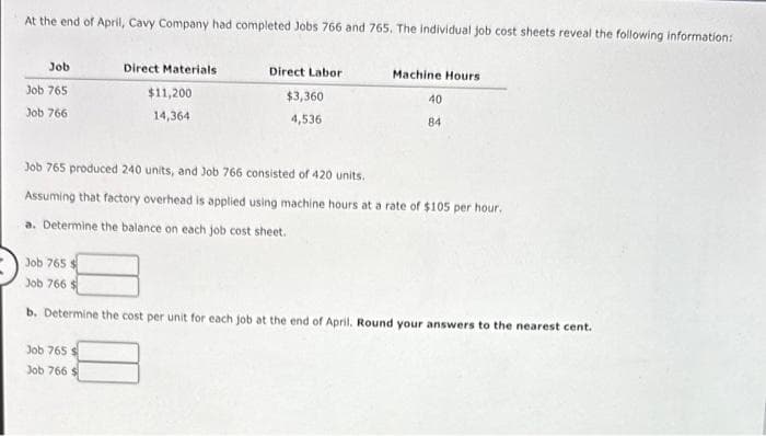 At the end of April, Cavy Company had completed Jobs 766 and 765. The individual job cost sheets reveal the following information:
Job
Job 765
Job 766
Direct Materials
$11,200
14,364
Job 765 $
Job 766 $
Direct Labor
$3,360
4,536
Machine Hours
40
84
Job 765 produced 240 units, and Job 766 consisted of 420 units.
Assuming that factory overhead is applied using machine hours at a rate of $105 per hour.
a. Determine the balance on each job cost sheet.
Job 765 $
Job 766 $
b. Determine the cost per unit for each job at the end of April. Round your answers to the nearest cent.