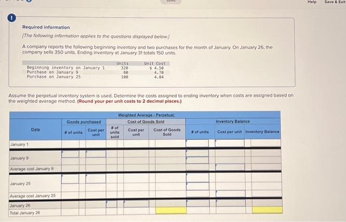 Required information
[The following information applies to the questions displayed below.)
A company reports the following beginning inventory and two purchases for the month of January. On January 26, the
company sells 350 units. Ending inventory at January 31 totals 150 units.
Beginning inventory on January 1
Purchase on January 9
Purchase on January 25
January 1
Date
January 9
Average cost January 9
January 25
Assume the perpetual inventory system is used. Determine the costs assigned to ending inventory when costs are assigned based on
the weighted average method. (Round your per unit costs to 2 decimal places.)
Average cost January 25
January 26
Total January 26
Goods purchased
# of units
Units
320
80
Cost per
unit
100
saved
Unit Cost
$ 4.50
# of
units
sold
4.70
4.84
Weighted Average - Perpetual:
Cost of Goods Sold
Cost per Cost of Goods
unit
Sold
# of units
Inventory Balance
Cost per unit Inventory Balance
Help
Save & Exit