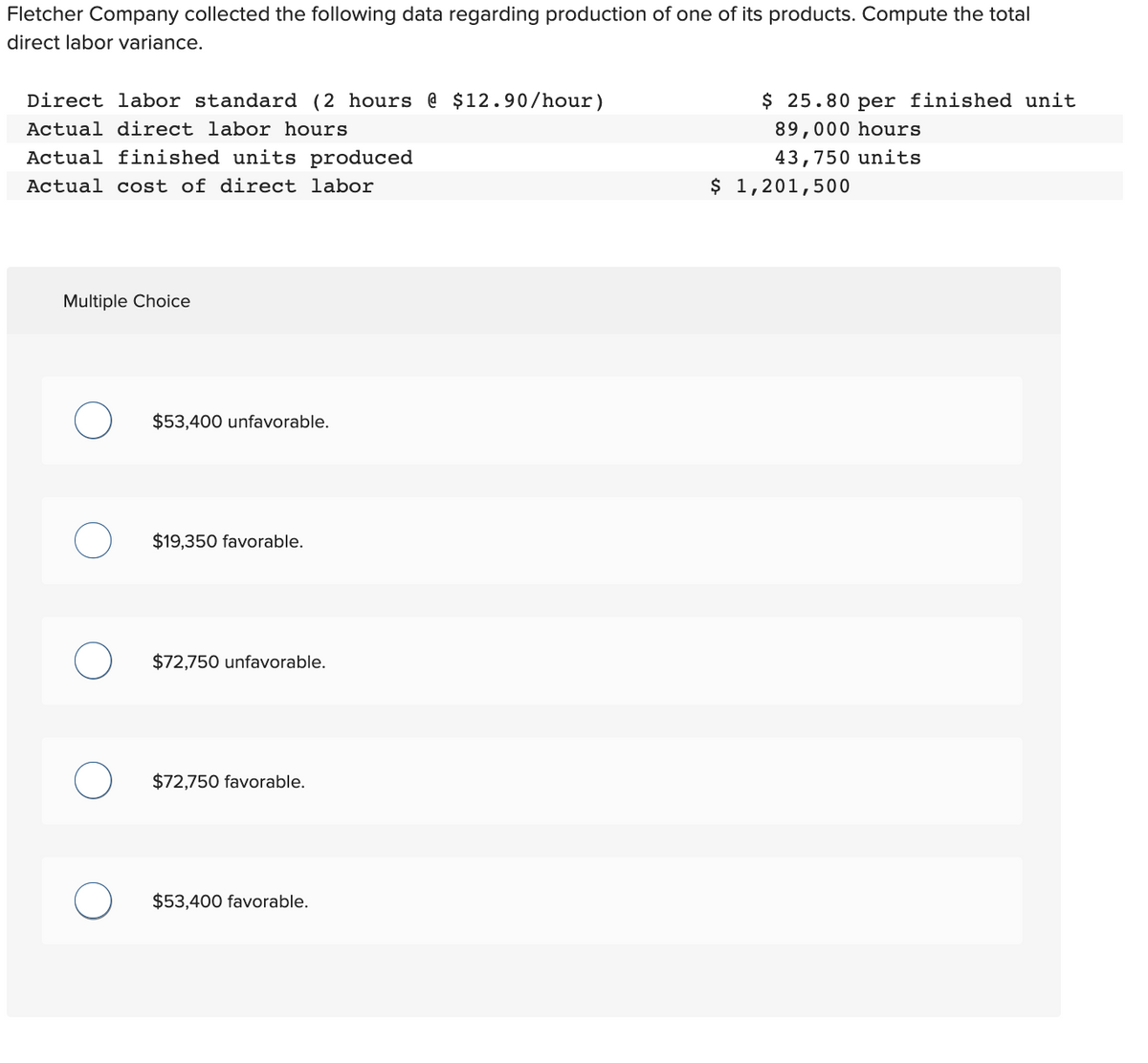 Fletcher Company collected the following data regarding production of one of its products. Compute the total
direct labor variance.
Direct labor standard (2 hours @ $12.90/hour)
Actual direct labor hours
Actual finished units produced
Actual cost of direct labor
Multiple Choice
O
$53,400 unfavorable.
$19,350 favorable.
$72,750 unfavorable.
$72,750 favorable.
$53,400 favorable.
$ 25.80 per finished unit
89,000 hours
43,750 units
$ 1,201,500