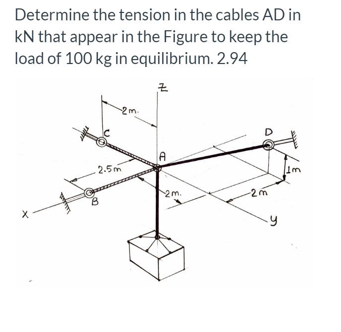 Determine the tension in the cables AD in
KN that appear in the Figure to keep the
load of 100 kg in equilibrium.
2.94
X
-2m.
2.5m
B
A
2m.
-2m
y
1m