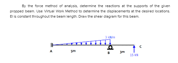 By the force method of analysis, determine the reactions at the supports of the given
propped beam. Use Virtual Work Method to determine the displacements at the desired locations.
El is constant throughout the beam length. Draw the shear diagram for this beam.
3 kN/m
A
5m
B
3m
15 kN
