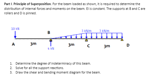 Part I. Principle of Superposition. For the beam loaded as shown, it is required to determine the
distribution of internal forces and moments on the beam. El is constant. The supports at B and Care
rollers and D is pinned.
10 kN
3 kN/m
3 kN/m
в
A
3m
3m
3m
4 kN
1. Determine the degree of indeterminacy of this beam.
2. Solve for all the support reactions.
3. Draw the shear and bending moment diagram for the beam.
