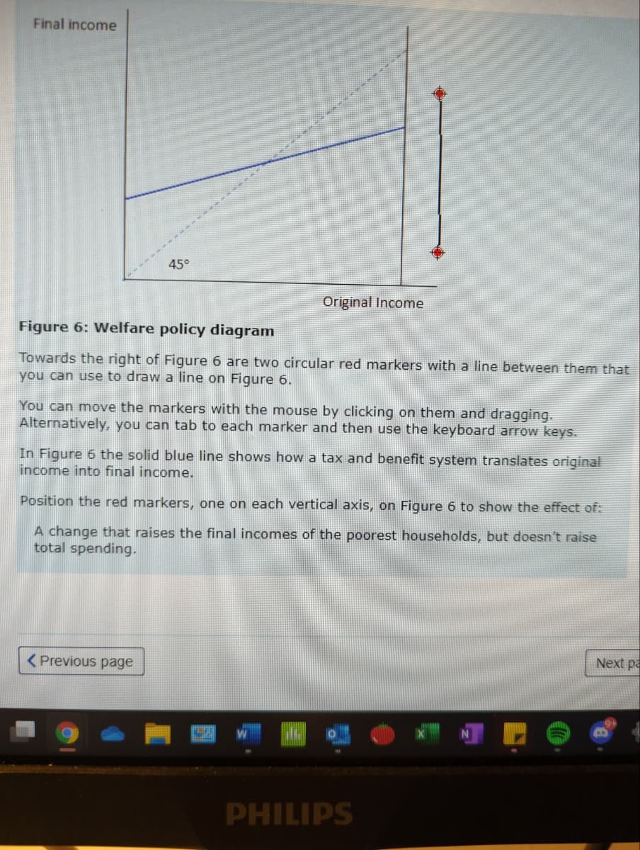 Final income
45°
Original Income
Figure 6: Wel
re policy diagram
Towards the right of Figure 6 are two circular red markers with a line between themn that
you can use to draw a line on Figure 6.
You can move the markers with the mouse by clicking on them and dragging.
Alternatively, you can tab to each marker and then use the keyboard arrow keys.
In Figure 6 the solid blue line shows how a tax and benefit system translates original
income into final income.
Position the red markers, one on each vertical axis, on Figure 6 to show the effect of:
A change that raises the final incomes of the poorest households, but doesn't raise
total spending.
( Previous page
Next pa
W
PHILIPS
