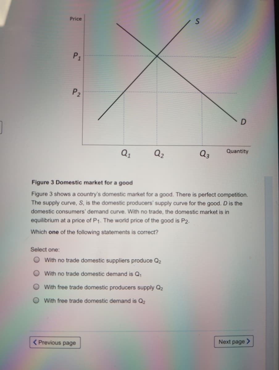 Price
P1
P2
Q1
Q2
Q3
Quantity
Figure 3 Domestic market for a good
Figure 3 shows a country's domestic market for a good. There is perfect competition.
The supply curve, S, is the domestic producers' supply curve for the good. D is the
domestic consumers' demand curve. With no trade, the domestic market is in
equilibrium at a price of P1. The world price of the good is P2.
Which one of the following statements is correct?
Select one:
OWith no trade domestic suppliers produce Q2
OWith no trade domestic demand is Q1
With free trade domestic producers supply Q2
O With free trade domestic demand is Q2
( Previous page
Next page >
D.
