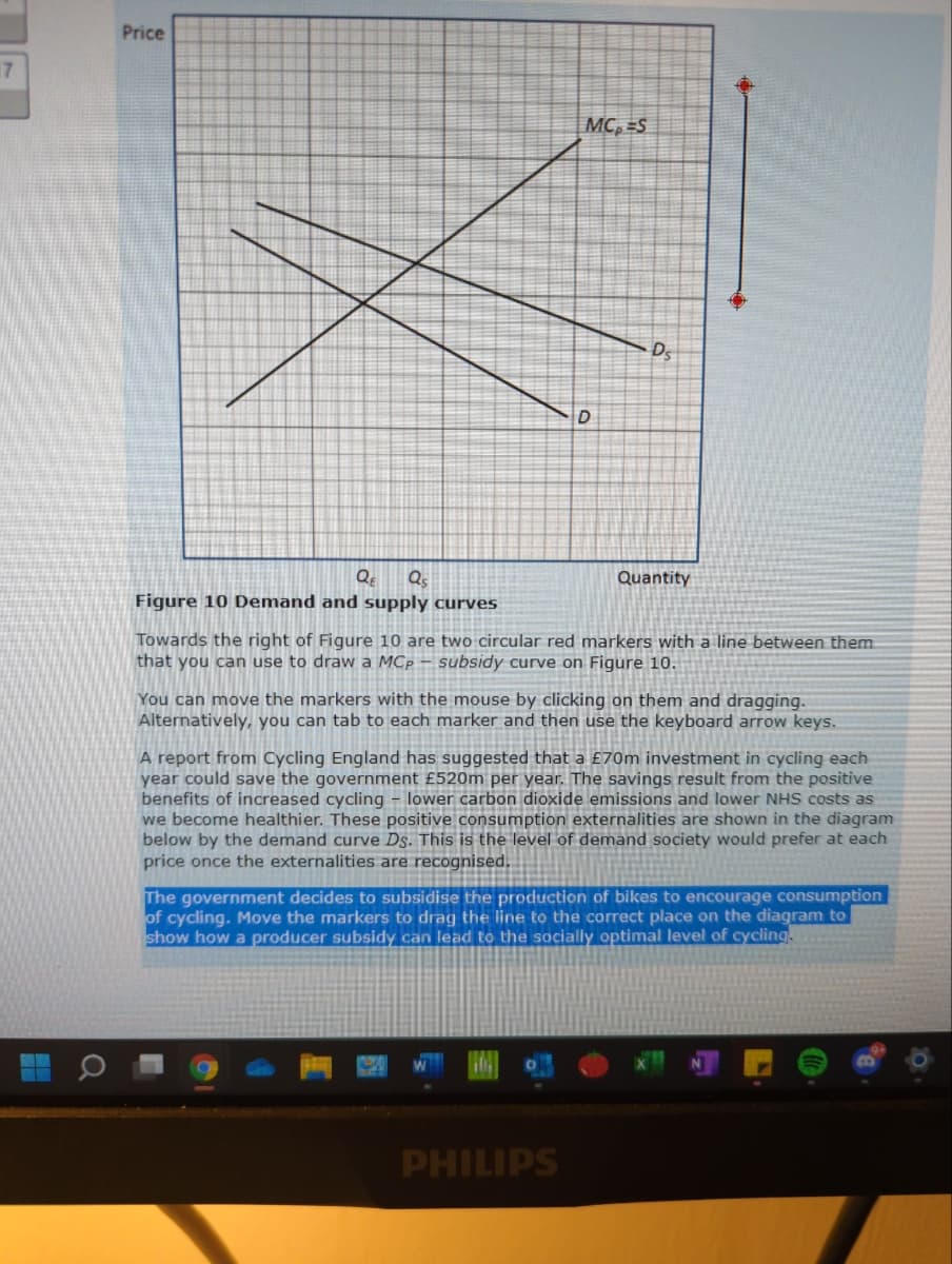 Price
17
MC, =S
Ds
Qs
Quantity
Figure 10 Demand and supply curves
Towards the right of Figure 10 are two circular red markers with a line between them
that you can use to draw a MCp – subsidy curve on Figure 10.
You can move the markers with the mouse by clicking on them and dragging.
Alternatively, you can tab to each marker and then use the keyboard arrow keys.
A report from Cycling England has suggested that a £70m investment in cycling each
year could save the government £520m per year. The savings result from the positive
benefits of increased cycling – lower carbon dioxide emissions and lower NHS costs as
we become healthier. These positive consumption externalities are shown in the diagram
below by the demand curve Ds. This is the level of demand society would prefer at each
price once the externalities are recognised.
The government decides to subsidise the production of bikes to encourage consumption
of cycling. Move the markers to drag the line to the correct place on the diagram to
show how a producer subsidy can lead to the socially optimal level of cycling.
PHILIPS
