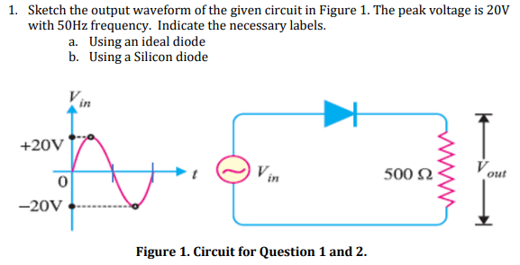 1. Sketch the output waveform of the given circuit in Figure 1. The peak voltage is 20V
with 50HZ frequency. Indicate the necessary labels.
a. Using an ideal diode
b. Using a Silicon diode
+20V
V in
500 N
out
-20V
Figure 1. Circuit for Question 1 and 2.
