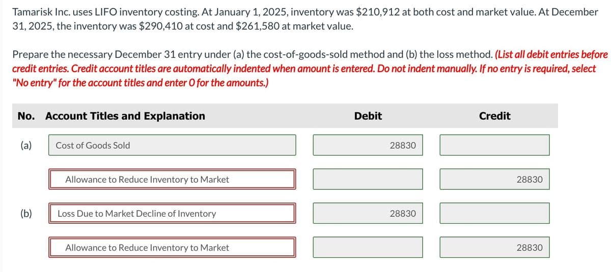 Tamarisk Inc. uses LIFO inventory costing. At January 1, 2025, inventory was $210,912 at both cost and market value. At December
31, 2025, the inventory was $290,410 at cost and $261,580 at market value.
Prepare the necessary December 31 entry under (a) the cost-of-goods-sold method and (b) the loss method. (List all debit entries before
credit entries. Credit account titles are automatically indented when amount is entered. Do not indent manually. If no entry is required, select
"No entry" for the account titles and enter O for the amounts.)
No. Account Titles and Explanation
Debit
Credit
(a)
Cost of Goods Sold
Allowance to Reduce Inventory to Market
(b)
Loss Due to Market Decline of Inventory
Allowance to Reduce Inventory to Market
28830
28830
28830
28830