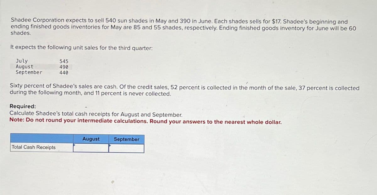 Shadee Corporation expects to sell 540 sun shades in May and 390 in June. Each shades sells for $17. Shadee's beginning and
ending finished goods inventories for May are 85 and 55 shades, respectively. Ending finished goods inventory for June will be 60
shades.
It expects the following unit sales for the third quarter:
July
August
September
545
490
440
Sixty percent of Shadee's sales are cash. Of the credit sales, 52 percent is collected in the month of the sale, 37 percent is collected
during the following month, and 11 percent is never collected.
Required:
Calculate Shadee's total cash receipts for August and September.
Note: Do not round your intermediate calculations. Round your answers to the nearest whole dollar.
August
September
Total Cash Receipts