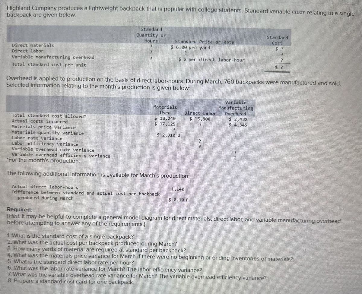 Highland Company produces a lightweight backpack that is popular with college students. Standard variable costs relating to a single
backpack are given below:
Direct materials
Direct labor
Variable manufacturing overhead
Total standard cost per unit
Standard
Quantity or
Standard
Hours
Standard Price or Rate
Cost
?
$ 6.00 per yard
$?
P
P
?
$2 per direct labor-hour
P
$?
Overhead is applied to production on the basis of direct labor-hours. During March, 760 backpacks were manufactured and sold.
Selected information relating to the month's production is given below:
Total standard cost allowed*
Actual costs incurred
Materials price variance
Materials quantity variance
Labor rate variance
Labor efficiency variance
Variable overhead rate variance
Variable overhead efficiency variance
Materials
Used
$ 18,240
$ 17,125
Variable
Manufacturing
Direct Labor
Overhead
$ 15,808
$ 2,432
P
$ 4,345
$ 2,310 U
P
"For the month's production.
The following additional information is available for March's production:
Actual direct labor-hours
Difference between standard and actual cost per backpack
produced during March
1,140
$ 0.10 F
P
Required:
(Hint: It may be helpful to complete a general model diagram for direct materials, direct labor, and variable manufacturing overhead
before attempting to answer any of the requirements.)
1. What is the standard cost of a single backpack?
2. What was the actual cost per backpack produced during March?
3. How many yards of material are required at standard per backpack?
4. What was the materials price variance for March if there were no beginning or ending inventories of materials?
5. What is the standard direct labor rate per hour?
6. What was the labor rate variance for March? The labor efficiency variance?
7. What was the variable overhead rate variance for March? The variable overhead efficiency variance?
8. Prepare a standard cost card for one backpack.