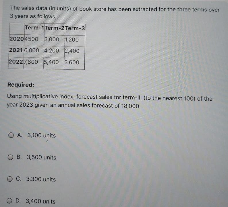 The sales data (in units) of book store has been extracted for the three terms over
3 years as follows;
Term-1Term-2 Term-3
20204500 3,000 1,200
2021 6,000 4,200 2,400
20227,800 5,400 3,600
Required:
Using multiplicative index, forecast sales for term-III (to the nearest 100) of the
year 2023 given an annual sales forecast of 18,000
OA. 3,100 units
OB. 3,500 units
OC. 3,300 units
OD. 3,400 units