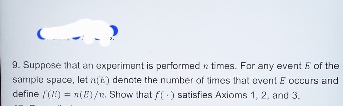 9. Suppose that an experiment is performed n times. For any event E of the
sample space, let n(E) denote the number of times that event E occurs and
define ƒ(E) = n(E)/n. Show that ƒ( · ) satisfies Axioms 1, 2, and 3.