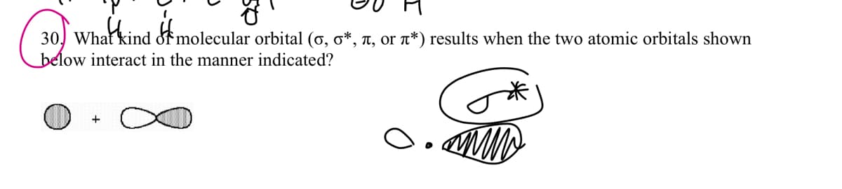 30, What kind of molecular orbital (o, ơ*, T, or n*) results when the two atomic orbitals shown
below interact in the manner indicated?
