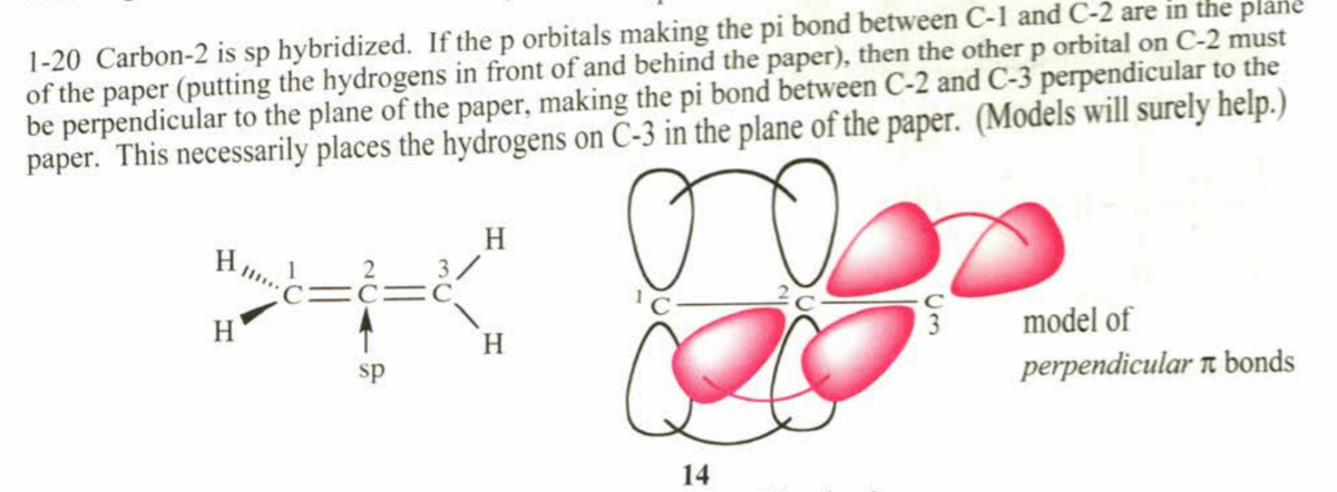 1-20 Carbon-2 is sp hybridized. If the p orbitals making the pi bond between C-1 and C-2 are in the plane
of the paper (putting the hydrogens in front of and behind the paper), then the other p orbital on C-2 must
be perpendicular to the plane of the paper, making the pi bond between C-2 and C-3 perpendicular to the
paper. This necessarily places the hydrogens on C-3 in the plane of the paper. (Models will surely help.)
H
H,
2
EC=C
H
3
model of
H.
perpendicular ri bonds
sp
14
