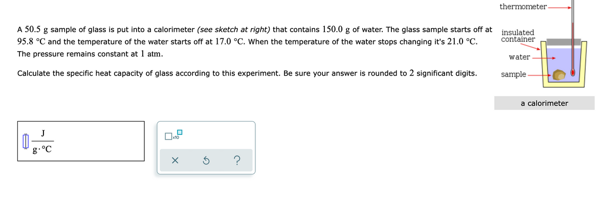 thermometer.
A 50.5 g sample of glass is put into a calorimeter (see sketch at right) that contains 150.0 g of water. The glass sample starts off at
insulated
container
95.8 °C and the temperature of the water starts off at 17.0 °C. When the temperature of the water stops changing it's 21.0 °C.
The pressure remains constant at 1 atm.
water
Calculate the specific heat capacity of glass according to this experiment. Be sure your answer is rounded to 2 significant digits.
sample
a calorimeter
J
x10
g.°C
