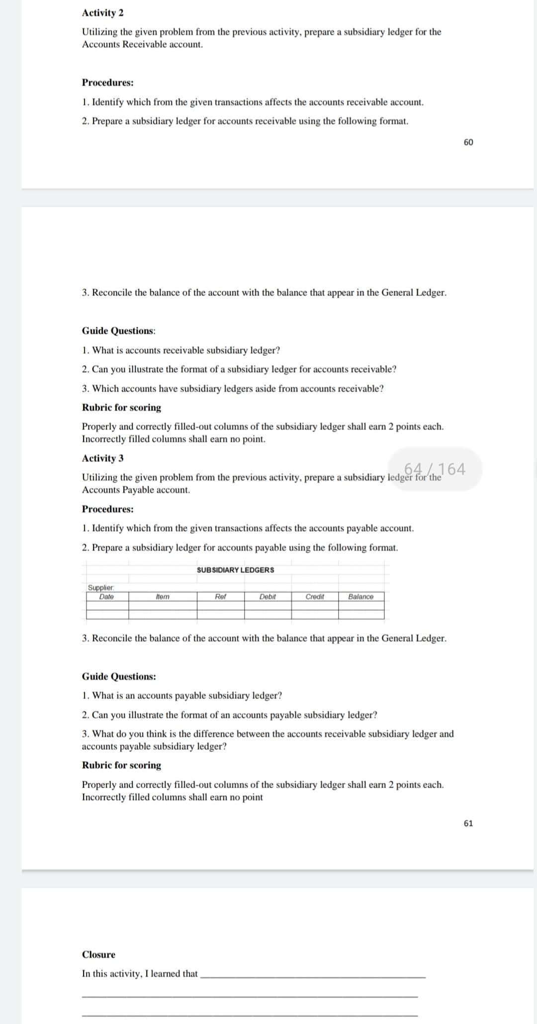 Activity 2
Utilizing the given problem from the previous activity, prepare a subsidiary ledger for the
Accounts Receivable account.
Procedures:
1. Identify which from the given transactions affects the accounts receivable account.
2. Prepare a subsidiary ledger for accounts receivable using the following format.
60
3. Reconcile the balance of the account with the balance that appear in the General Ledger.
Guide Questions:
1. What is accounts receivable subsidiary ledger?
2. Can you illustrate the format of a subsidiary ledger for accounts receivable?
3. Which accounts have subsidiary ledgers aside from accounts receivable?
Rubric for scoring
Properly and correctly filled-out columns of the subsidiary ledger shall earn 2 points each.
Incorrectly filled columns shall earn no point.
Activity 3
64/164
Utilizing the given problem from the previous activity, prepare a subsidiary ledger for the
Accounts Payable account.
Procedures:
1. Identify which from the given transactions affects the accounts payable account.
2. Prepare a subsidiary ledger for accounts payable using the following format.
SUBSIDIARY LEDGERS
Supplier:
Date
Item
Ref
Debit
Credit
Balance
3. Reconcile the balance of the account with the balance that appear in the General Ledger.
Guide Questions:
1. What is an accounts payable subsidiary ledger?
2. Can you illustrate the format of an accounts payable subsidiary ledger?
3. What do you think is the difference between the accounts receivable subsidiary ledger and
accounts payable subsidiary ledger?
Rubric for scoring
Properly and correctly filled-out columns of the subsidiary ledger shall earn 2 points each.
Incorrectly filled columns shall earn no point
61
Closure
In this activity, I learned that
