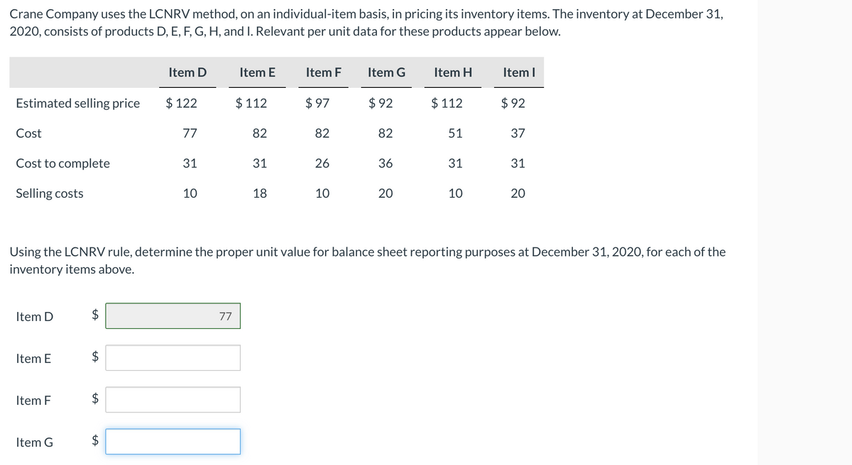 Crane Company uses the LCNRV method, on an individual-item basis, in pricing its inventory items. The inventory at December 31,
2020, consists of products D, E, F, G, H, and I. Relevant per unit data for these products appear below.
Item D
Item E
Item F
Item G
Item H
Item I
Estimated selling price
$ 122
$ 112
$ 97
$ 92
$ 112
$ 92
Cost
77
82
82
82
51
37
Cost to complete
31
31
26
36
31
31
Selling costs
10
18
10
20
10
20
Using the LCNRV rule, determine the proper unit value for balance sheet reporting purposes at December 31, 2020, for each of the
inventory items above.
Item D
77
Item E
Item F
Item G
%24
%24
%24
