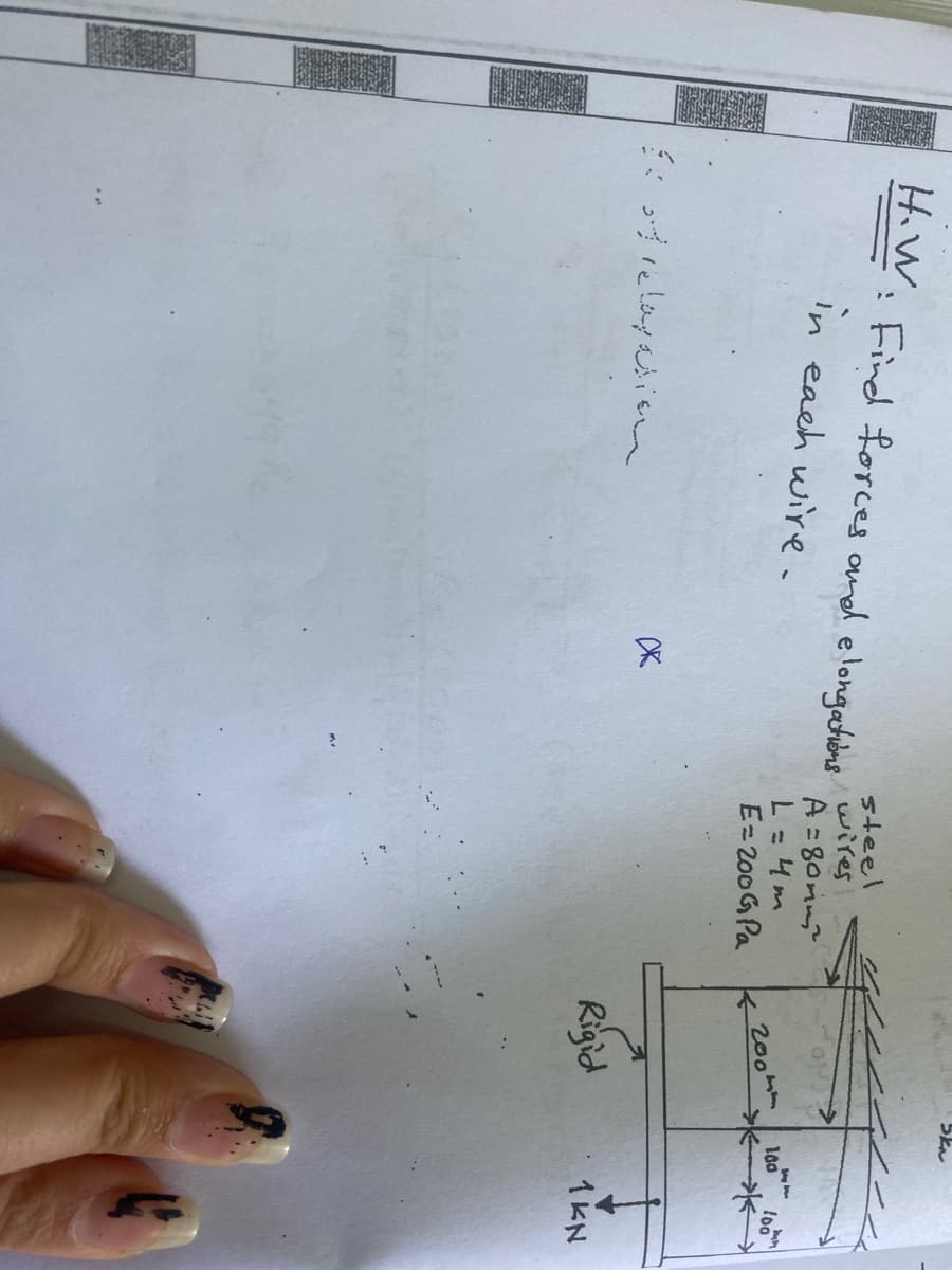 H.W.
steel
: Find forces and elongations wires,
in each wire.
A=80mm
L=4m
E=200 G Pa
Estrelaxation.
ск
k
200mm
Rigid
5k
by F
100 100
1KN