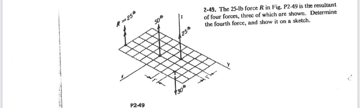 R=25%
P2-49
dit
25%
$30
2-49. The 25-lb force R in Fig. P2-49 is the resultant
of four forces, three of which are shown. Determine
the fourth force, and show it on a sketch.