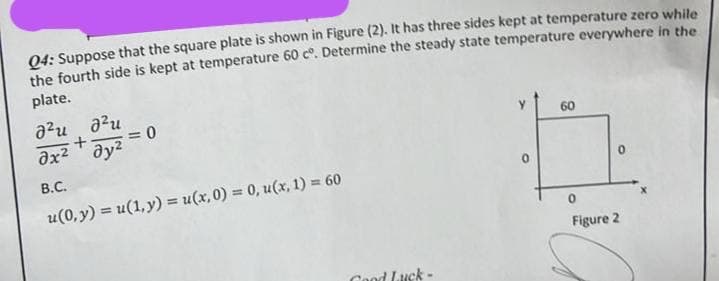 04: Suppose that the square plate is shown in Figure (2). It has three sides kept at temperature zero while
the fourth side is kept at temperature 60 c°. Determine the steady state temperature everywhere in the
plate.
и ди
ax²+ y²
= 0
B.C.
u(0,y) = u(1,y) = u(x, 0) = 0, u(x, 1) = 60
uck-
00
60
0
Figure 2