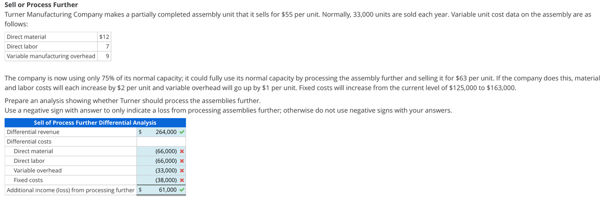 Sell or Process Further
Manufacturing Company makes a partially completed assembly unit that it sells for $55 per unit. Normally, 33,000 units are sold each year. Variable unit cost data on the assembly are as
Turner
follows:
Direct material
Direct labor
Variable manufacturing overhead
$12
7
9
The company is now using only 75% of its normal capacity; it could fully use its normal capacity by processing the assembly further and selling it for $63 per unit. If the company does this, material
and labor costs will each increase by $2 per unit and variable overhead will go up by $1 per unit. Fixed costs will increase from the current level of $125,000 to $163,000.
Prepare an analysis showi whether Turner should process the assemblies further.
Use a negative sign with answer to only indicate a loss from processing assemblies further; otherwise do not use negative signs with your answers.
Sell of Process Further Differential Analysis
$
Differential revenue
Differential costs
Direct material
Direct labor
Variable overhead
Fixed costs
Additional income (loss) from processing further $
264,000
(66,000) *
(66,000) *
(33,000) *
(38,000) *
61,000