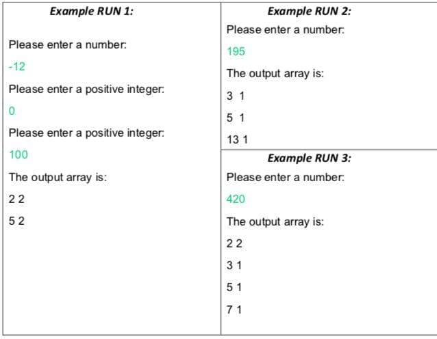 Example RUN 1:
Example RUN 2:
Please enter a number:
Please enter a number:
195
-12
The output array is:
Please enter a positive integer:
3 1
5 1
Please enter a positive integer:
13 1
100
Example RUN 3:
The output array is:
Please enter a number.
22
420
52
The output array is:
22
31
51
71
