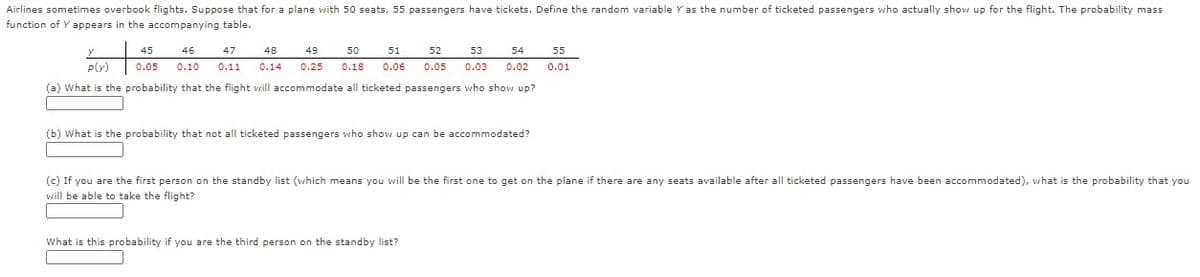 Airlines sometimes overbook flights. Suppose that for a plane with 50 seats, 55 passengers have tickets. Define the random variable Y as the number of ticketed passengers who actually show up for the flight. The probability mass
function of Y appears in the accompanying table.
45
46
47
48
49
50
51
52
53
54
55
p(y)
0.05
0.10
0.11
0.14
0.25
0.18
0.06
0.05
0.03
0.02
0.01
(a) What is the probability that the flight will accommodate all ticketed passengers who show up?
(b) What is the probability that not all ticketed passengers who show up can be accommodated?
(c) If you are the first person on the standby list (which means you will be the first one to get on the plane if there are any seats available after all ticketed passengers have been accommodated), what is the probability that you
will be able to take the flight?
What is this probability if you are the third person on the standby list?
