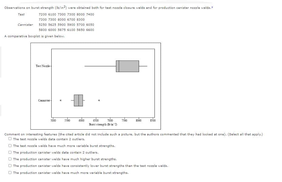 Observations on burst strength (Ib/in2) were obtained both for test nozzle closure welds and for production canister nozzle welds.t
Test
7200 6100 7300 7300 8000 7400
7300 7300 8000 6700 8300
Cannister
5250 5625 5900 5900 5700 6050
5800 6000 5875 6100 5850 6600
A comparative boxplot is given below.
Test Nozle -
Cannister-
5000
5500
6500
7000
7500
s000
800
Burst strength (b'in 2)
Comment on interesting features (the cited article did not include such a picture, but the authors commented that they had looked at one). (Select all that apply.)
O The test nozzle welds data contain 2 outliers.
The test nozzle velds have much more variable burst strengths.
O The production canister welds data contain 2 outliers.
The production canister welds have much higher burst strengths.
The production canister welds have consistently lower burst strengths than the test nozzle welds.
The production canister welds have much more variable burst strengths.

