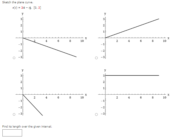 Sketch the plane curve.
r(t) = 3ti-tj, [0, 3]
y
3
2
N M
4
F
2
4
Find its length over the given interval.
6
6
8
8
X
10
10
X
y
3
2
f
2
4
y
3
2
2
4
6
6
8
8
10
10
X
X