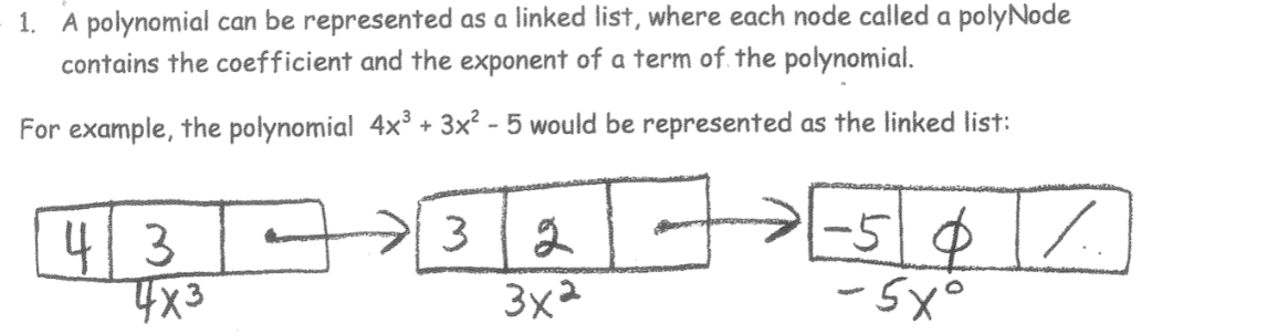 1. A polynomial can be represented as a linked list, where each node called a polyNode
contains the coefficient and the exponent of a term of the polynomial.
For example, the polynomial 4x + 3x² - 5 would be represented as the linked list:
4/3 -
4x3
-5|4
-5x°
3
3x2
