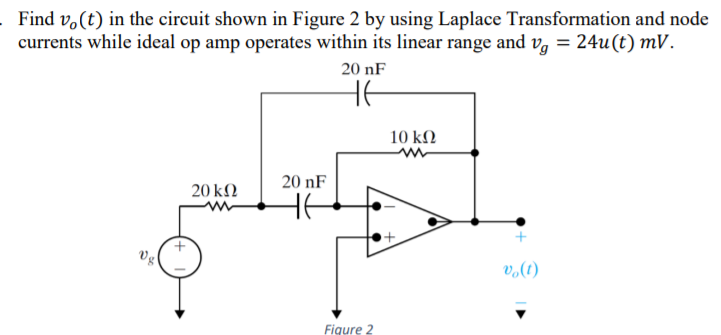 Find v.(t) in the circuit shown in Figure 2 by using Laplace Transformation and node
currents while ideal op amp operates within its linear range and v, = 24u(t) mV.
20 nF
HE
10 kΩ
20 nF
20 kΩ
(1)°a
Figure 2
