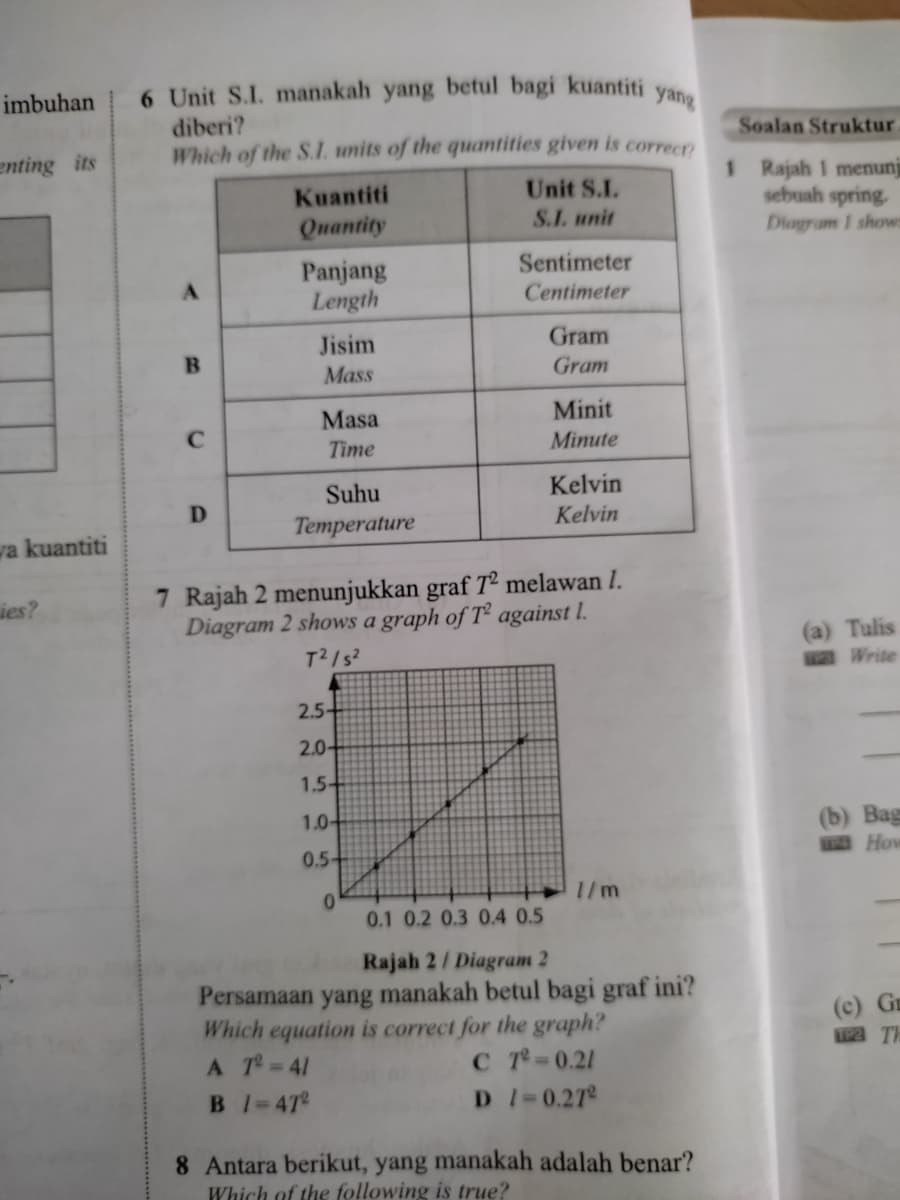 6 Unit S.I. manakah yang betul bagi kuantiti
diberi?
Which of the S.I. units of the quantities given is correct
imbuhan
yang
Soalan Struktur
enting its
1 Rajah 1 menunji
sebuah spring.
Diagram I shows
Kuantiti
Unit S.I.
Quantity
S.I. unit
Sentimeter
Panjang
Length
A.
Centimeter
Gram
Jisim
Mass
Gram
Masa
Minit
Time
Minute
Suhu
Kelvin
Тетрerature
Kelvin
wa kuantiti
7 Rajah 2 menunjukkan graf T² melawan I.
Diagram 2 shows a graph of T² against I.
ies?
(a) Tulis
T2/s?
WWrite
2.5-
2.0-
1.5-
1.0-
(b) Вag
WHow
0.5-
1/m
0.1 0.2 0.3 0.4 0.5
Rajah 2/ Diagram 2
Persamaan yang manakah betul bagi graf ini?
Which equation is correct for the graph?
AT-41
(c) Gm
AP2 TH
CT-0.21
BI-472
DI-0.27
8 Antara berikut, yang manakah adalah benar?
Which of the following is true?
