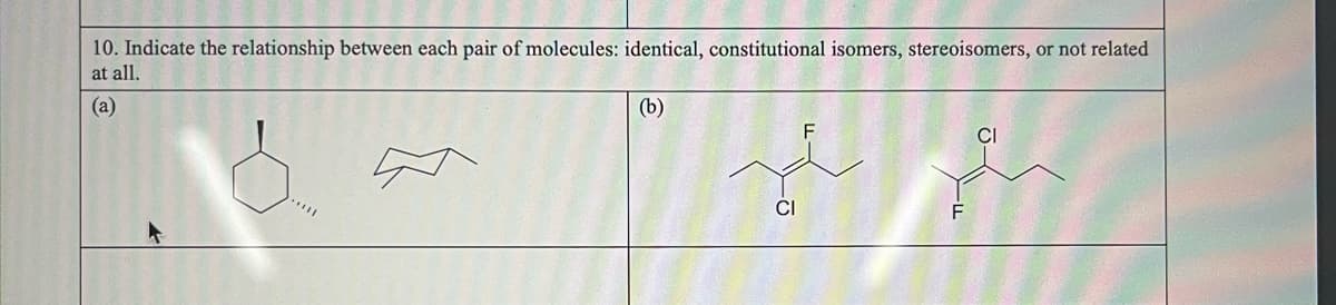 10. Indicate the relationship between each pair of molecules: identical, constitutional isomers, stereoisomers, or not related
at all.
(a)
(b)
CI