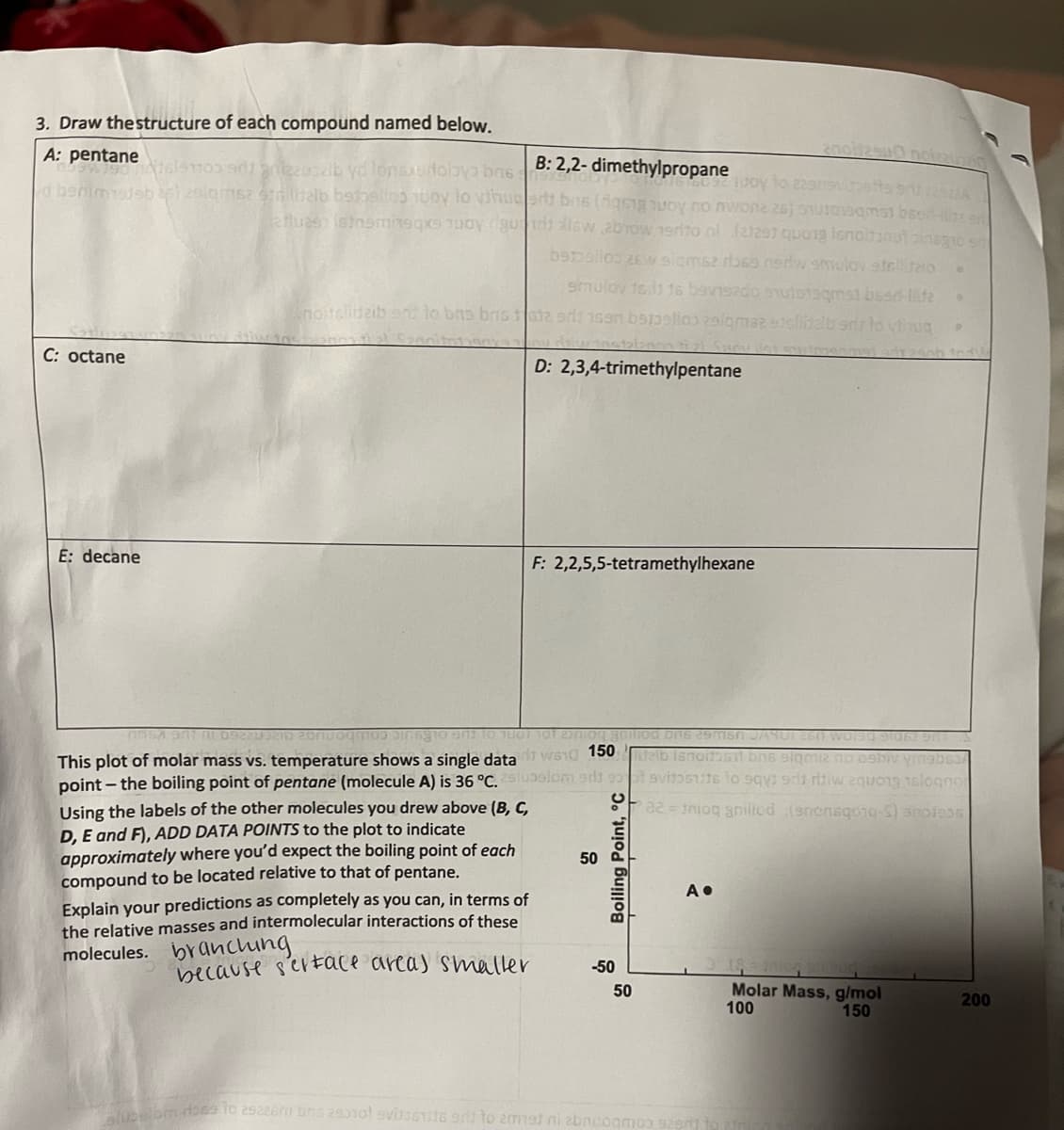 3. Draw the structure of each compound named below.
A: pentane
B: 2,2-dimethylpropane
yo lonxudolaya bns
OST
d berlim 1919h al zalomsz rallijalb betello by to vihuco bus (qsg y no wone 2)
C: octane
E: decane
anoliasu notezuzzio
ass bez ot
juoy to 225m9vibbetts brii 22922A
arluas (stneminsqxs nuoy rigurat low abrow 19rito al (21291 quong Isnoitinut inspio s
batallod Ew siomsz ross nertw smulov straib
smulov 161 16 bevisado mutotaqmst bssd-life
noitalidzib ent to bas bris tot2 ari: 159n berbellos alorse tellitalb ar to viniq
menmated soch tod
D: 2,3,4-trimethylpentane
F: 2,2,5,5-tetramethylhexane
să 971 092210210 2prvomos into an to 1 in gallion ons asmsn JAYUI 260 wO190 91062 981 S
This plot of molar mass vs. temperature shows a single data wed 150 lifelb ismoitosti bns siqmiz no osbiv ymabso
point - the boiling point of pentane (molecule A) is 36 °C.subslom sitt svitosts to says srit ritiw equong nalogno
Using the labels of the other molecules you drew above (B, C,
a2=tniog gnillod (sncnsqoig-S) anoisos
D, E and F), ADD DATA POINTS to the plot to indicate
approximately where you'd expect the boiling point of each
compound to be located relative to that of pentane.
Explain your predictions as completely as you can, in terms of
the relative masses and intermolecular interactions of these
molecules. branching
because serface area) smaller
50
Boiling Point, °C
-50
50
A•
Molar Mass, g/mol
100
150
@
lubelom does 10 25226m bis 2010 v1116 end to emmat ni znaoamas szert to pin
200