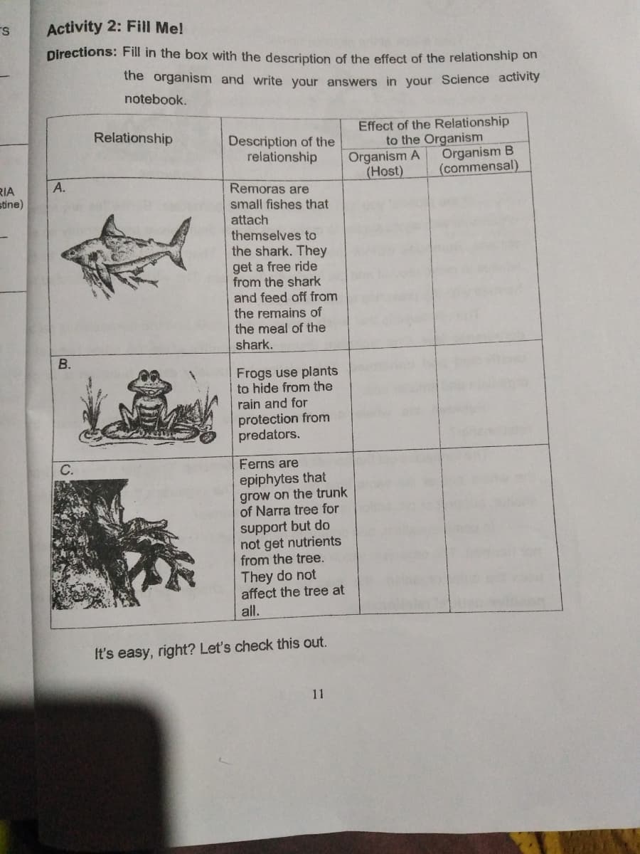 Activity 2: Fill Me!
Directions: Fill in the box with the description of the effect of the relationship on
the organism and write your answers in your Science activity
notebook.
Effect of the Relationship
to the Organism
Organism A
(Host)
Relationship
Description of the
relationship
Organism B
(commensal)
А.
RIA
sine)
Remoras are
small fishes that
attach
themselves to
the shark. They
get a free ride
from the shark
and feed off from
the remains of
the meal of the
shark.
В.
Frogs use plants
to hide from the
rain and for
protection from
predators.
С.
Ferns are
epiphytes that
grow on the trunk
of Narra tree for
support but do
not get nutrients
from the tree.
They do not
affect the tree at
all.
It's easy, right? Let's check this out.
11
