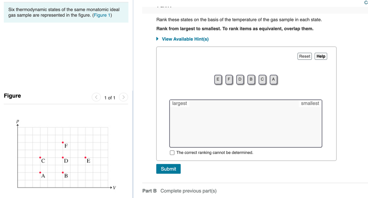 Six thermodynamic states of the same monatomic ideal
gas sample are represented in the figure. (Figure 1)
Rank these states on the basis of the temperature of the gas sample in each state.
Rank from largest to smallest. To rank items as equivalent, overlap them.
• View Available Hint(s)
Reset
Help
E
F
В
A
Figure
1 of 1
largest
smallest
F
The correct ranking cannot be determined.
E
Submit
A
B
Part B Complete previous part(s)
