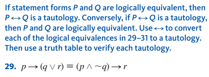 If statement forms P and Q are logically equivalent, then
Q is a tautology. Conversely, if P→Q is a tautology,
then P and Q are logically equivalent. Use ↔ to convert
each of the logical equivalences in 29-31 to a tautology.
Then use a truth table to verify each tautology.
29. p(q Vr) = (p ^ ~q) →r