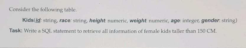 Consider the following table.
Kids (id: string, race: string, height: numeric, weight: numeric, age: integer, gender. string)
Task: Write a SQL statement to retrieve all information of female kids taller than 150 CM.