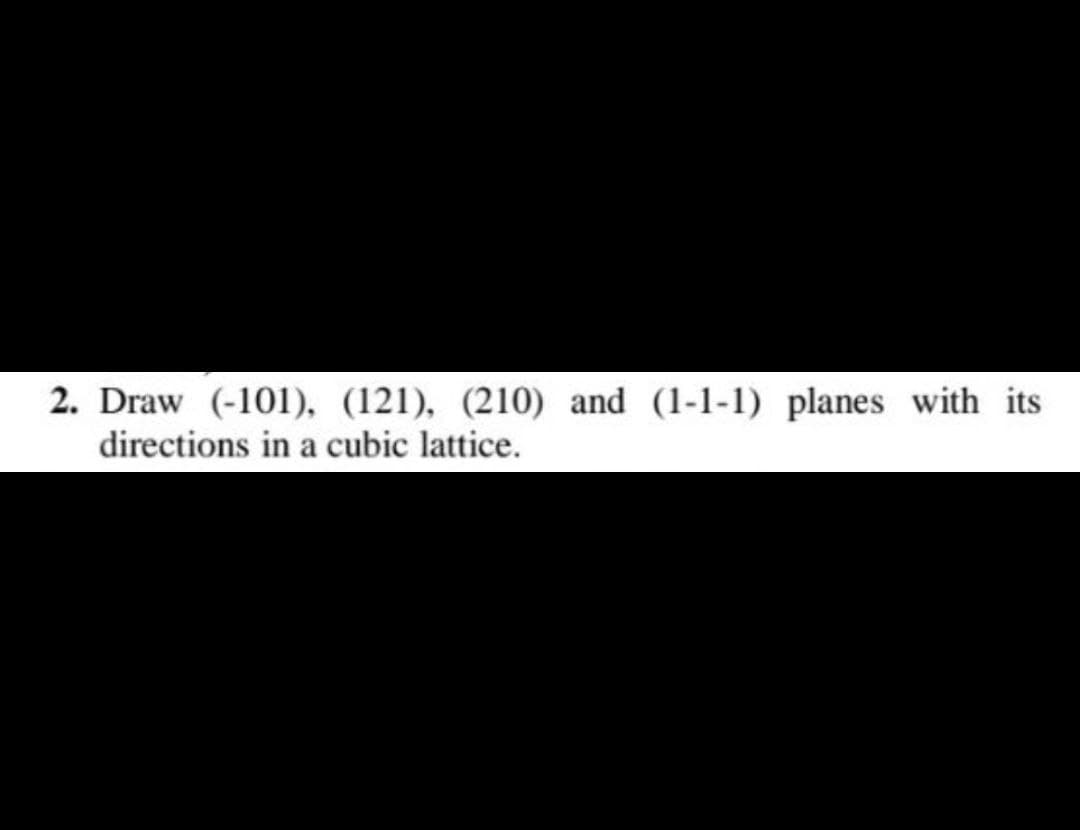 2. Draw (-101), (121), (210) and (1-1-1) planes with its
directions in a cubic lattice.
