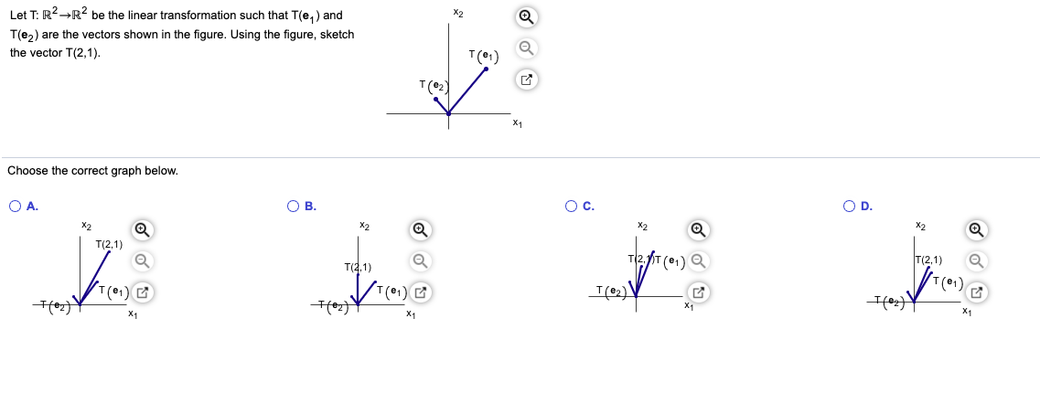 Let T: R2-R2 be the linear transformation such that T(e,) and
X2
T(e,) are the vectors shown in the figure. Using the figure, sketch
the vector T(2,1).
T(e1)
T(2)
X1
Choose the correct graph below.
O A.
О в.
Oc.
O D.
X2
X2
X2
X2
T(2,1)
T(2,1)
T2,T (01) Q
T(2,1)
X1
X1
X1
