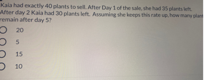 Kaia had exactly 40 plants to sell. After Day 1 of the sale, she had 35 plants left.
After day 2 Kaia had 30 plants left. Assuming she keeps this rate up, how many plant
remain after day 5?
O 20
15
D 10
