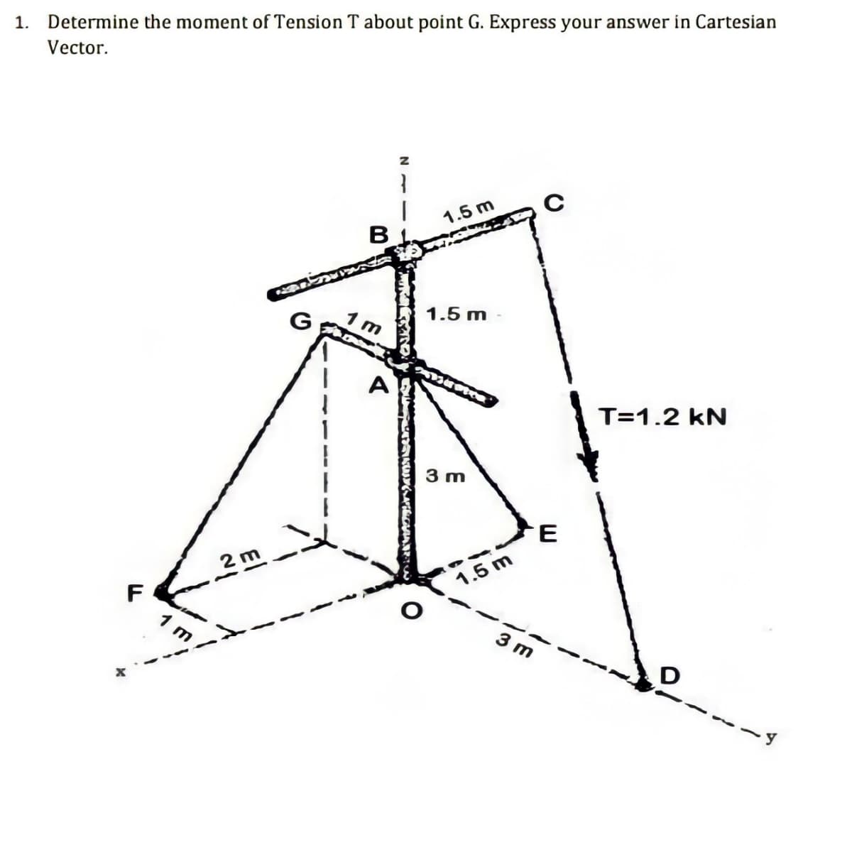 1. Determine the moment of Tension T about point G. Express your answer in Cartesian
Vector.
1.5 m
B
1.5 m
m
A
T=1.2 kN
3 m
2m
1.5 m
F
3 m
D
