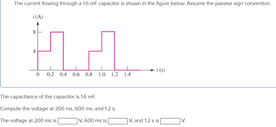 The current flowing through a 1.6 mF capacitor is shown in the figure below. Assume the passive sign convention.
i (A)
8.
4
+ i (s)
0.2
0.4 0.6 0.8
1.0
1.2 1.4
The capacitance of the capacitor is 1.6 mF.
Compute the voltage at 200 ms, 600 ms, and 1.2 s.
The voltage at 200 ms is
V, 600 ms is
V, and 1.2 s is
V.
